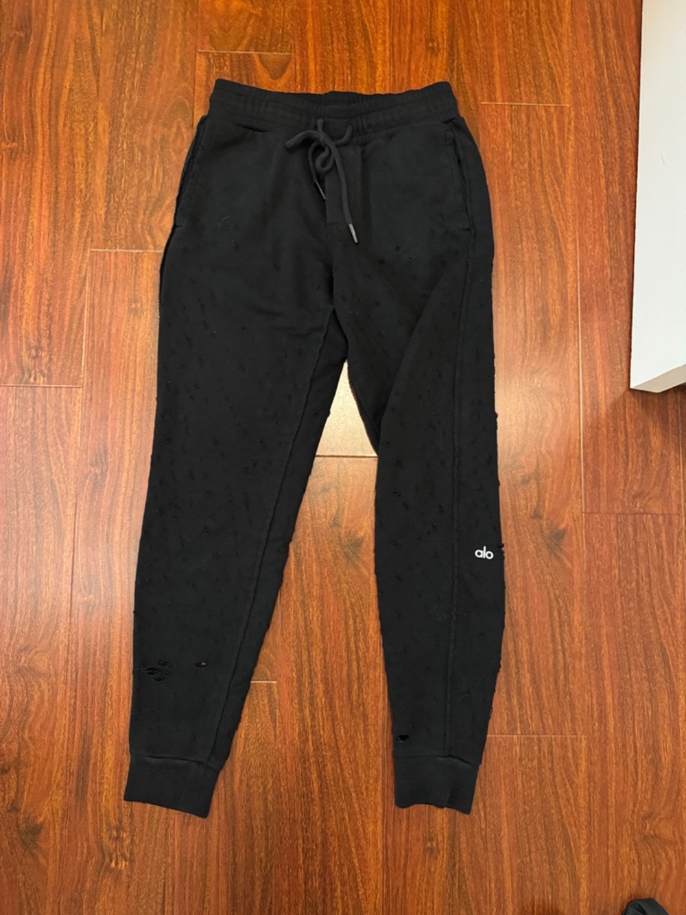 Alo Yoga Black Jogger Sweatpants distressed holes , size XS